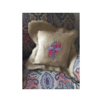 Cross and Roses Embroidered Burlap Pillow
