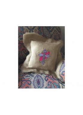 Cross and Roses Embroidered Burlap Pillow